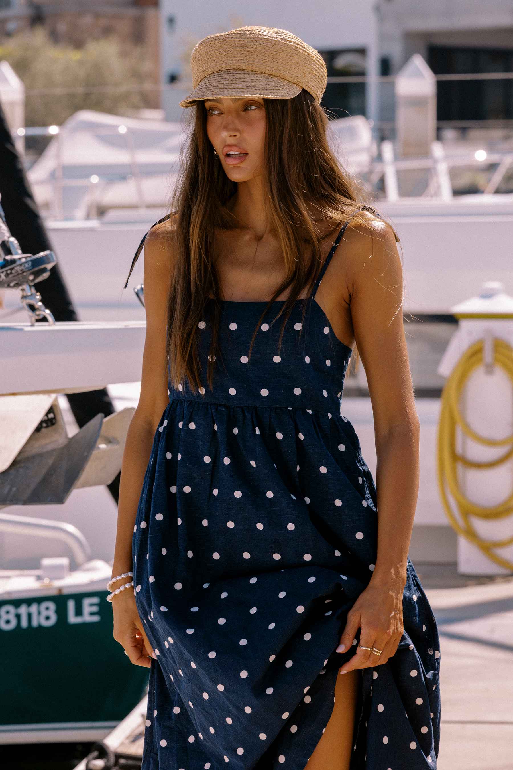 Valory Maxi Dress Navy Polka Dot Linen - Image 3