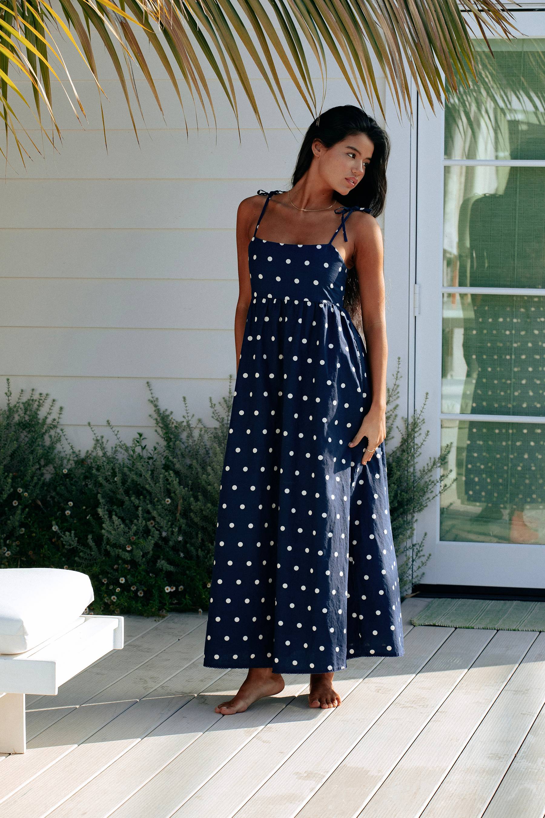 Valory Maxi Dress Navy Polka Dot Linen - Image 5