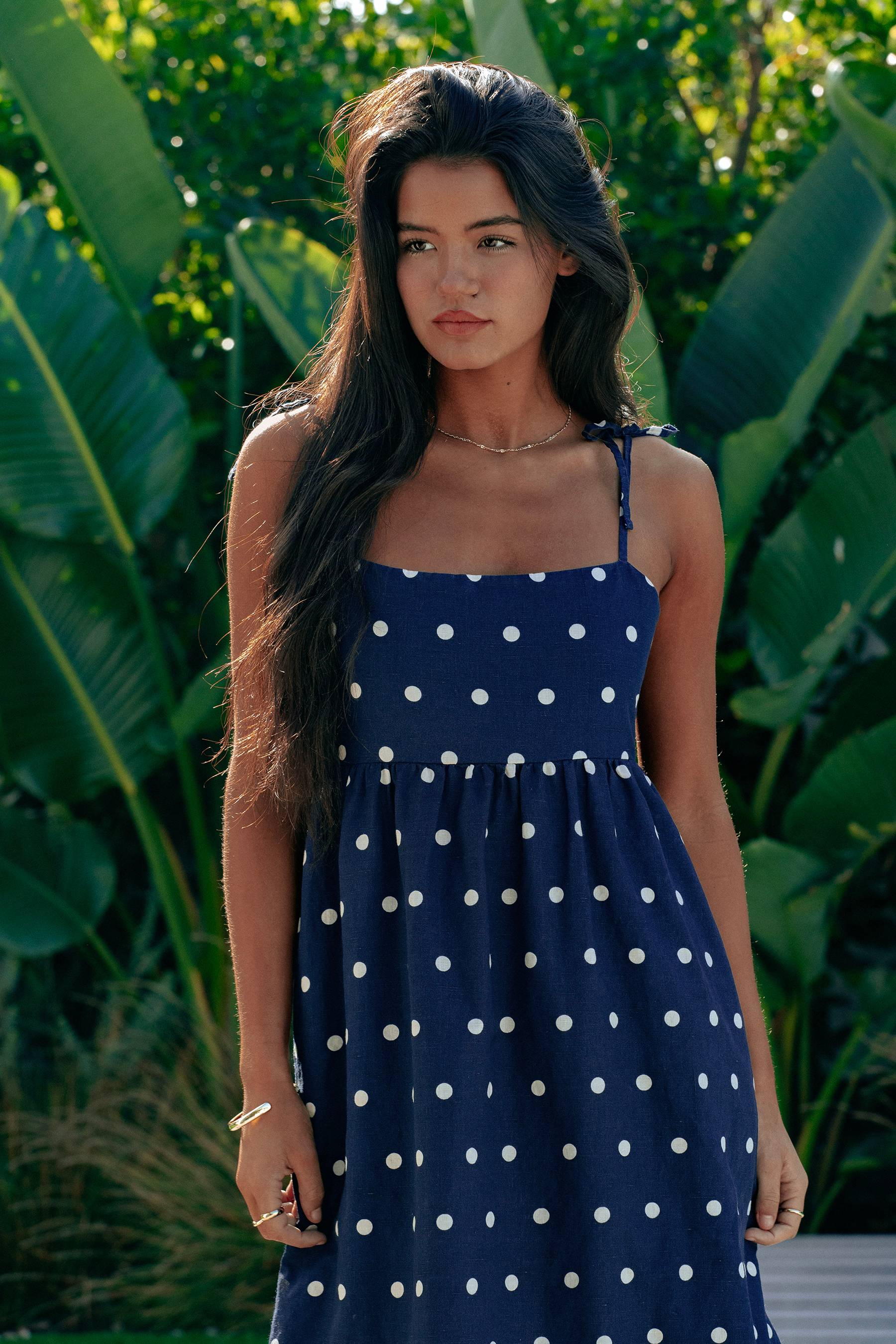 Valory Maxi Dress Navy Polka Dot Linen - Image 6