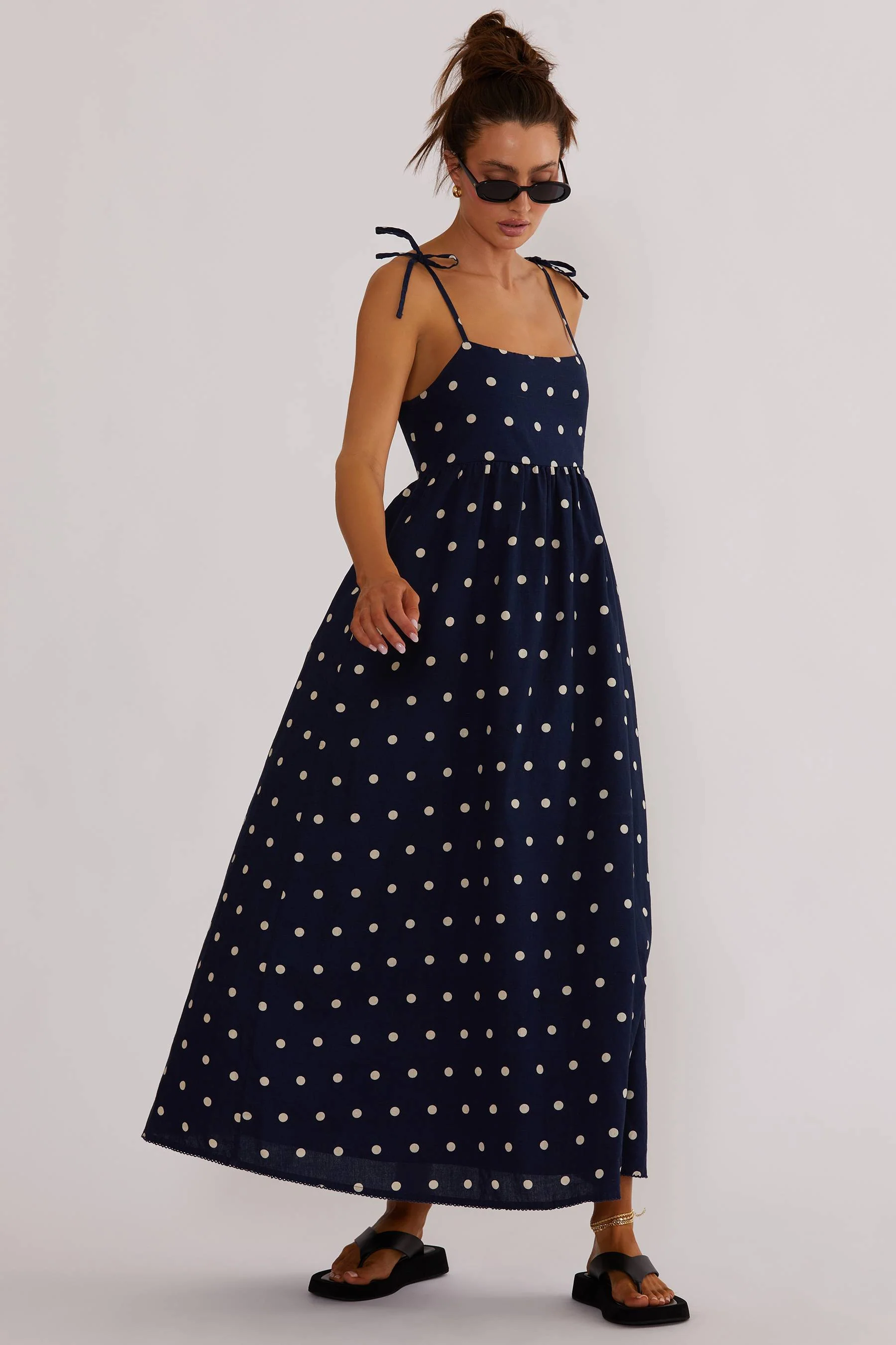Valory Maxi Dress Navy Polka Dot Linen - Image 8