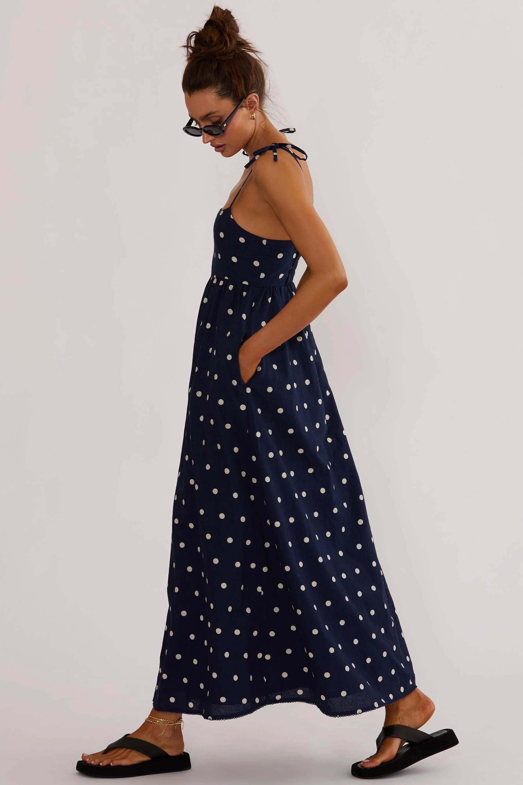 Valory Maxi Dress Navy Polka Dot Linen - Image 9